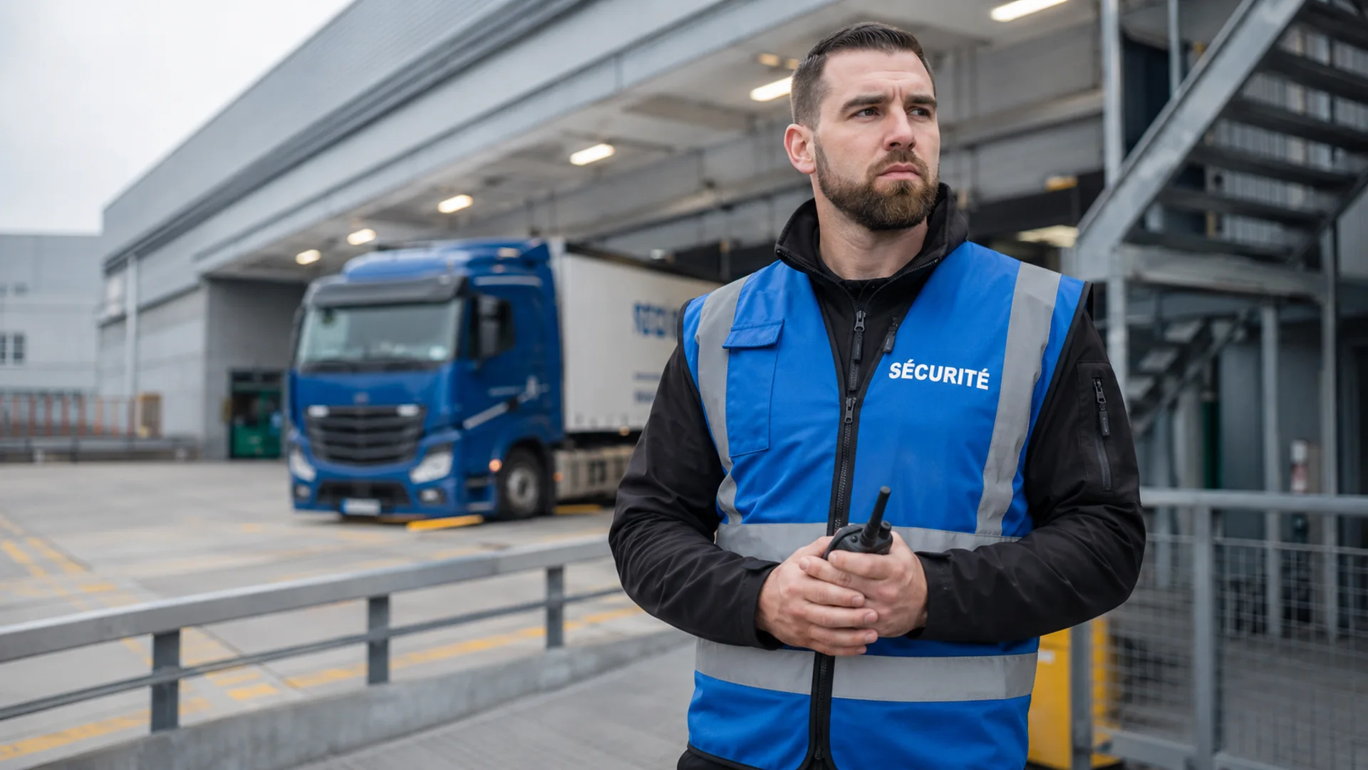 Agent de sécurité sur un site logistique